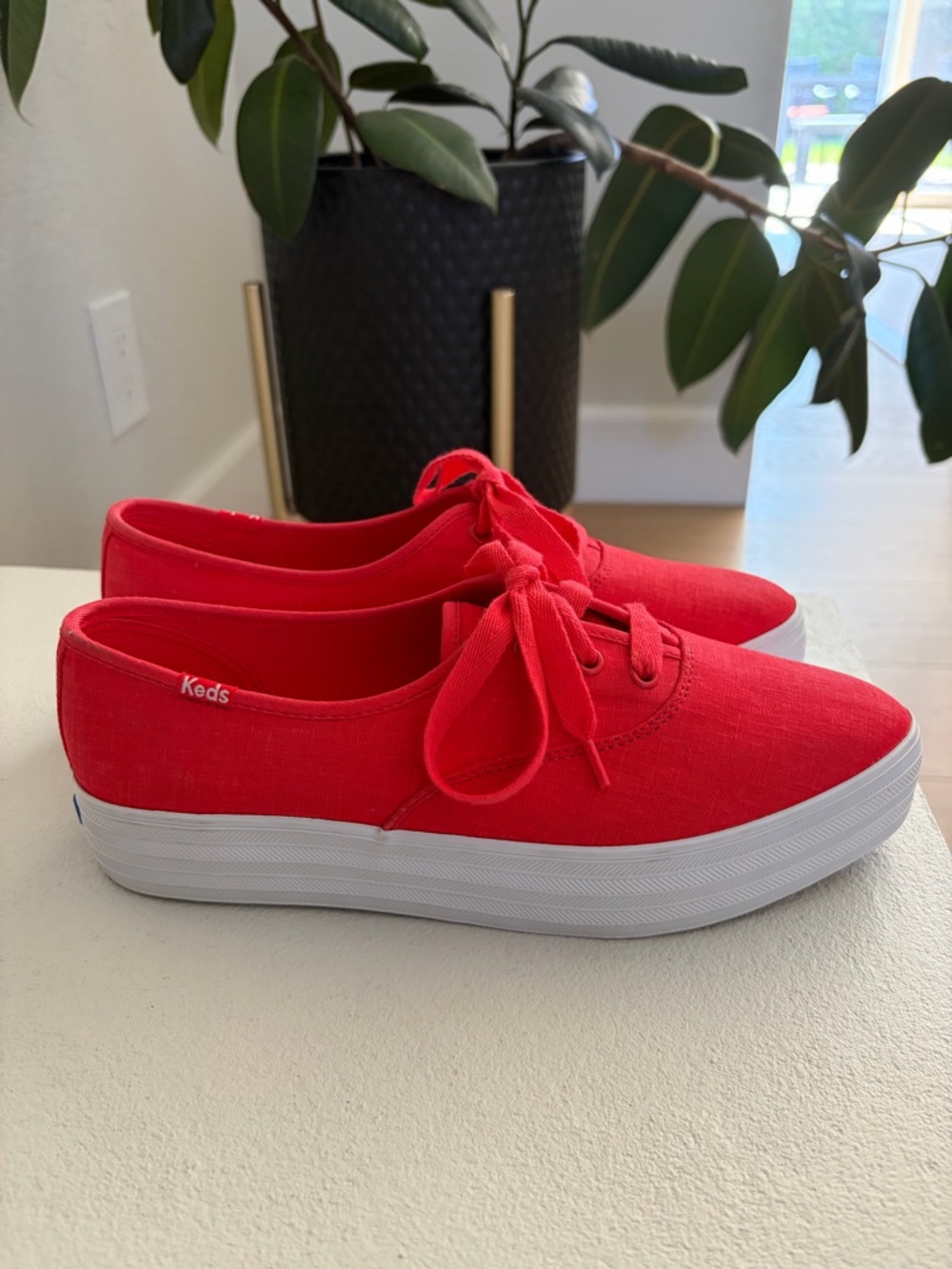 NWOB Keds Sz 8 Red Linen Blend Platform Lace Up Sneaker - Picture 3 of 8